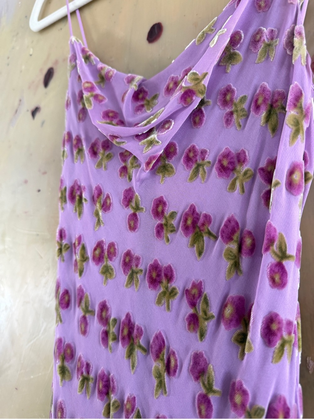 Y2K Betsey Johnson Lilac Floral Cowl Midi Slip Dress burnout velvet